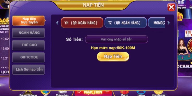 Nhà cái đưa ra nhiều phương thức nạp tiền để bạn lựa chọn